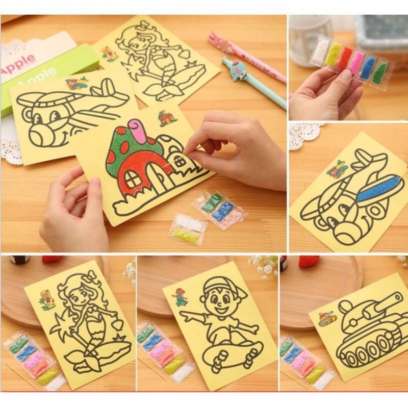 lukis gambar tempel pasir anak | mewarnai pasir | mainan edukasi stiker pasir anak| Mainan Sensori Anak