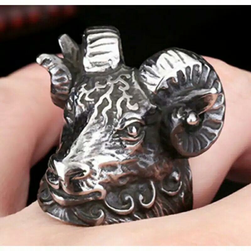 Cincin Pria Tanduk Kepala Domba punk style men ring sheep horn goat series