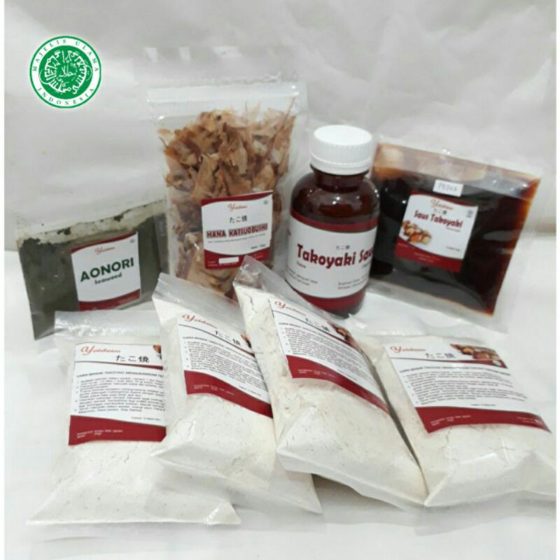

Bahan Takoyaki berisi Tepung, Saus, Katsuobushi, Aonori, Sambal