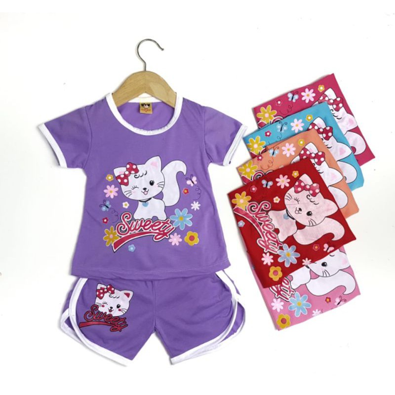 SETELAN BAJU ANAK PEREMPUAN SIJAMBUL NEW MOTIF SWEETY CAT 2-6 TAHUN