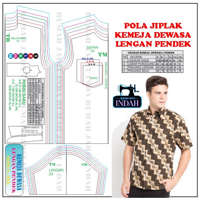 Pola jiplak pola jahit Pola Kemeja Pria dewasa lengan pendek  S - 3XL