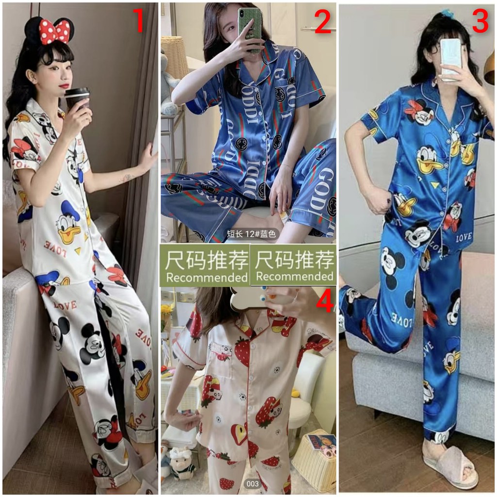 BAJU TIDUR PIYAMA GADIS SATIN SILK IMPORT BERKUALITAS MOTIF KRA KANCING LENGAN PENDEK SETELAN CELANA PANJANG TERBARU WARNA CANTIK SIZE M-XXL FIT TO 70KG