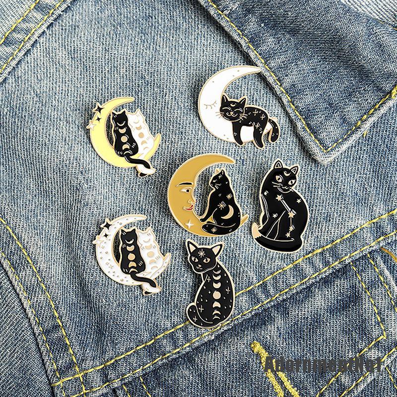 (Adornmentno1) Bros Pin Enamel Bentuk Bulan Sabit / Penyihir / Kucing Untuk Aksesoris Pakaian