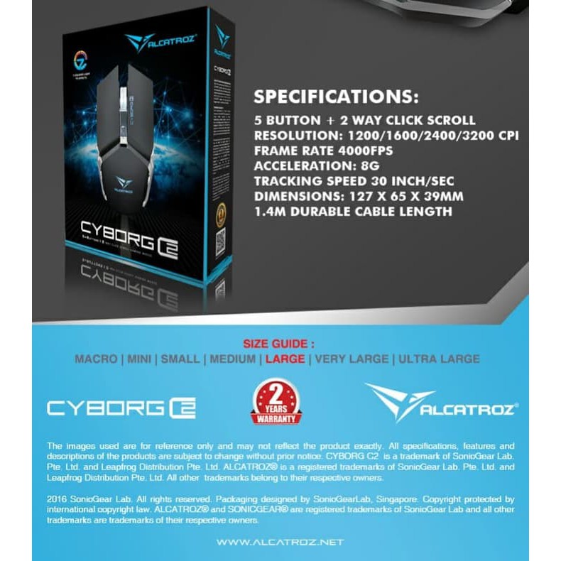 ALCATROZ CYBORG C2 Gaming Mouse 3200CPI. 2-Way Click Scroll Mouse