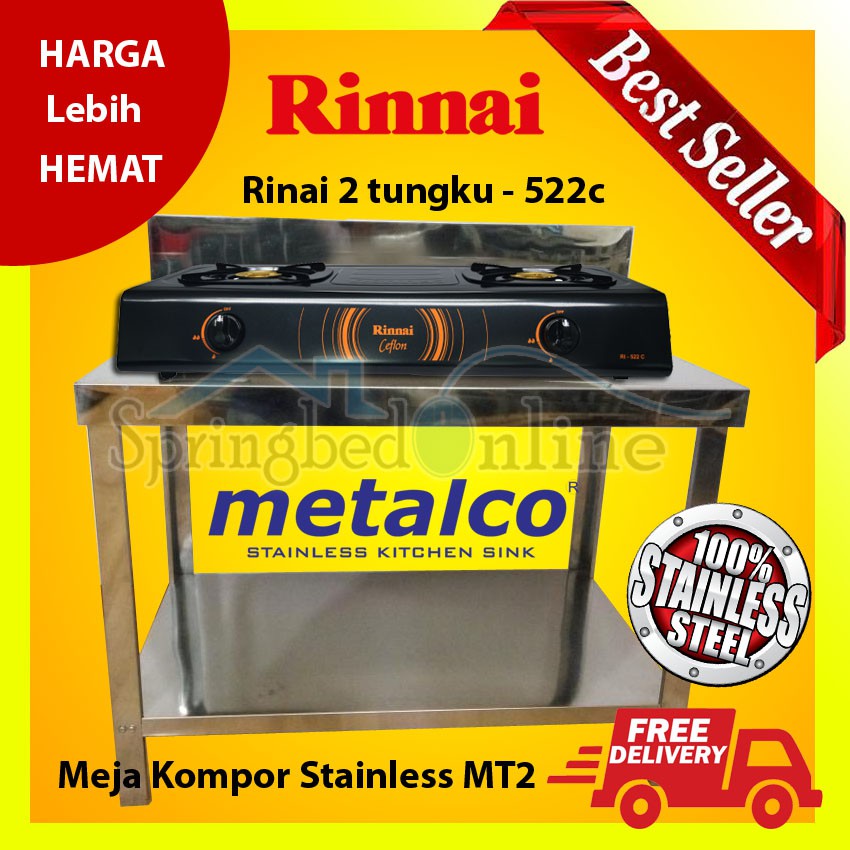 Paket Hemat Meja Kompor Stainless &amp; Kompor Gas 2 Tungku Rinnai 522C