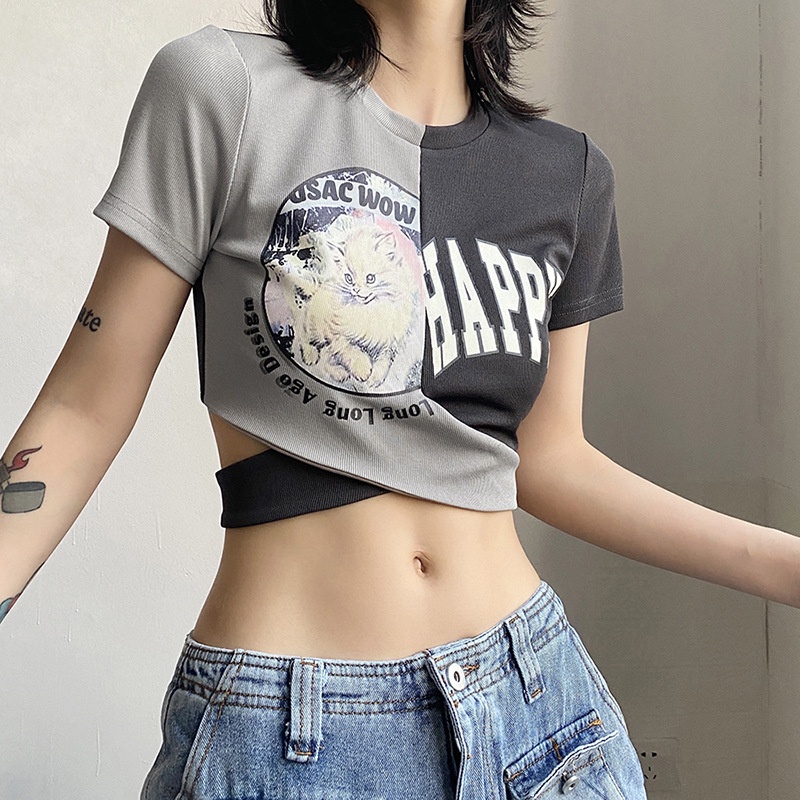 [✅BISA COD] #Sisjuly# Wanita Musim Panas Baru Wanita Warna Solid Slim Fit Cropped Navel Fashion Leher Bulat Ceta