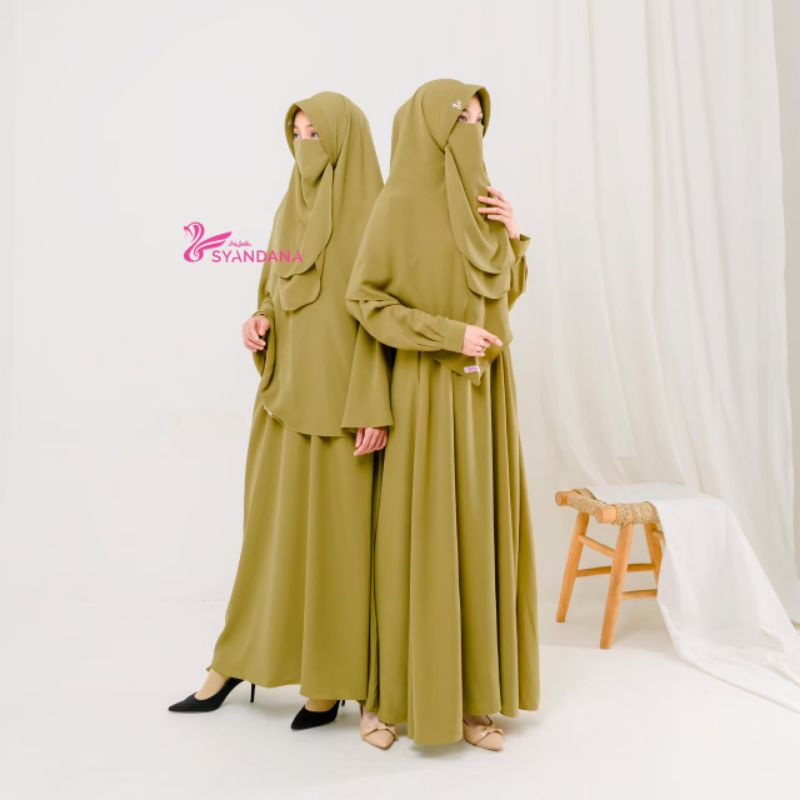 Anna Dress set Peach blossom Olive gamis hijau muda hijab syandana agen banjarmasin daun