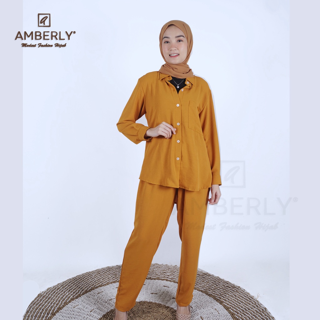 Amberly Setcel Crincle Setelan Celana Wanita Kerah kemeja bahan Crincle Airflow