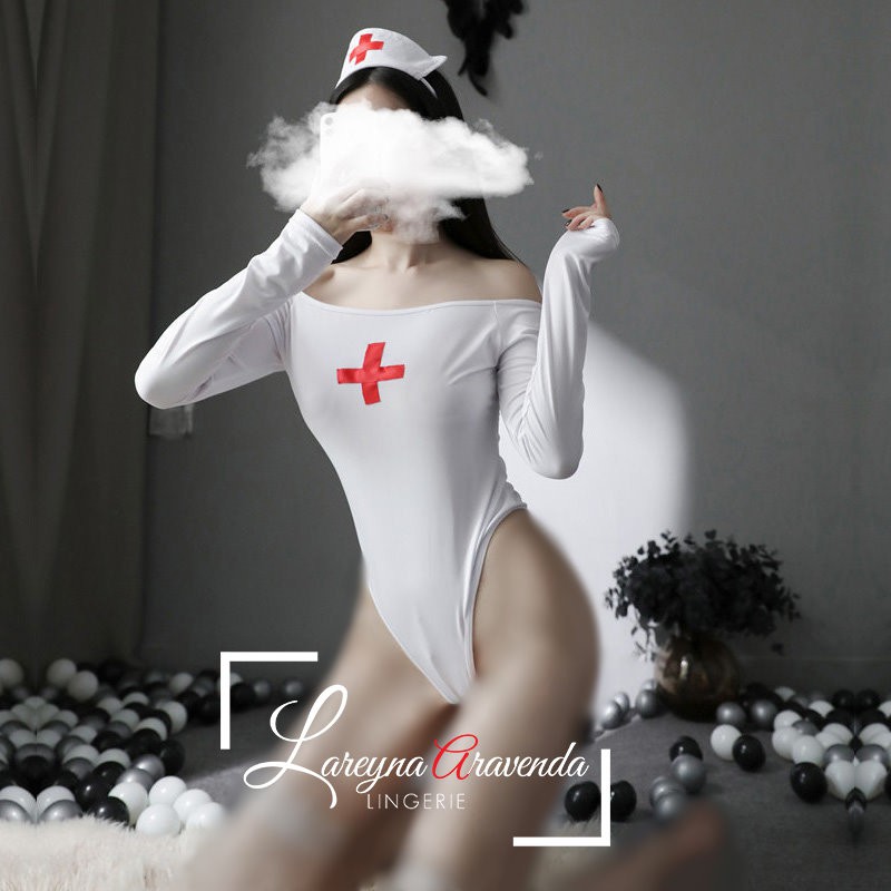 Lareyna Aravenda Set Lingerie Fantasy Malam Kostum Suster Bikini Crotchless LG303