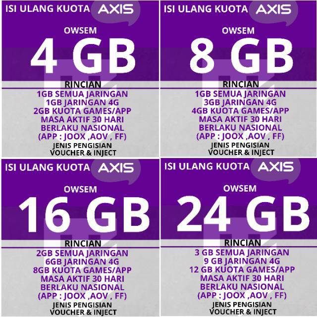 Kuota Axis Unlimited 24gb 16gb 8gb 4gb Owsem Shopee Indonesia