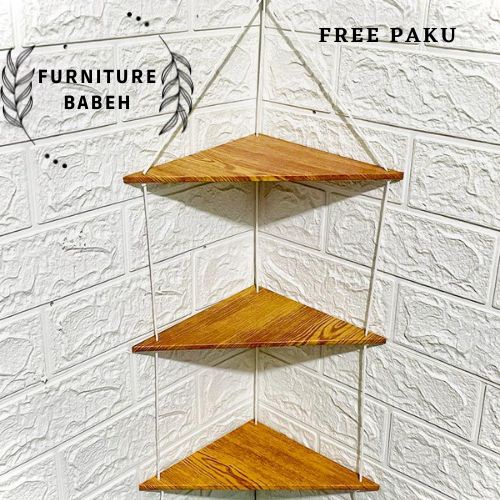 furniture rak gantung tali/rak sudut segitiga 3 susun/rak tatakan bunga/rak penyimpanan barang kesayangan/rak kosmetik/rak serbaguna minimalis dan estetick