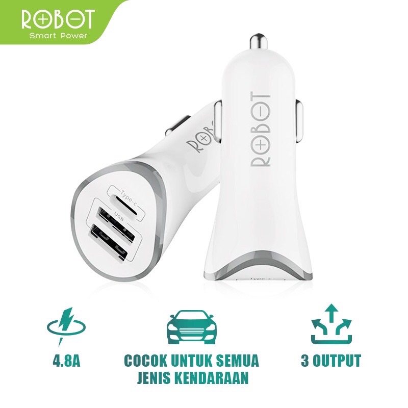 ROBOT RT-C08 Car Charger Colokan Mobil - 3 Port USB &amp; Type C  - Garansi Resmi 1 Tahun