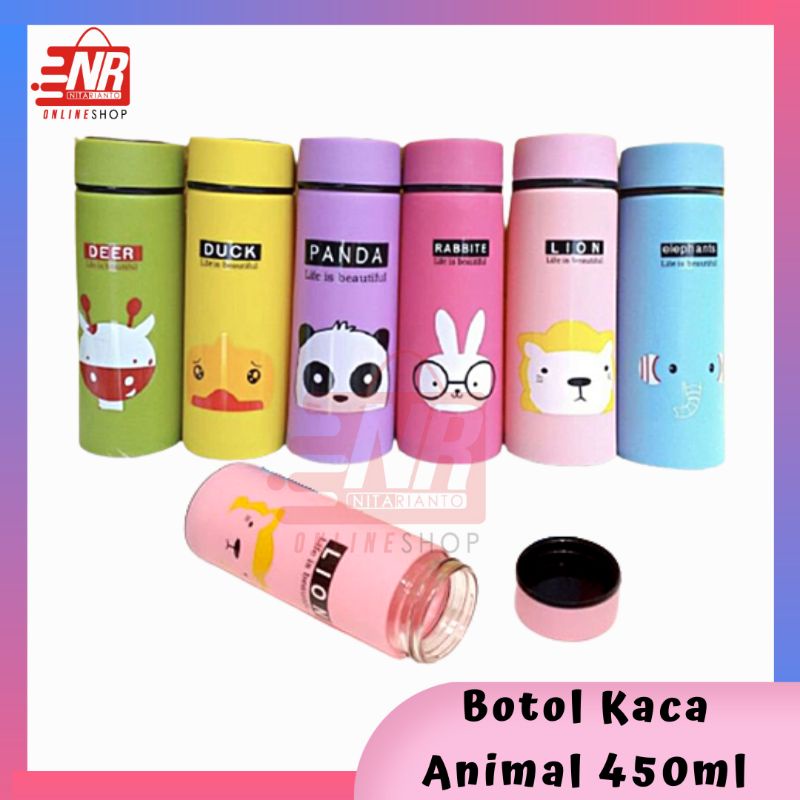 Botol Minum Kaca Karakter Animal / Botol Tumblr Kaca / Botol Minum Kaca Warna Warni / Souvenir Sovenir Botol