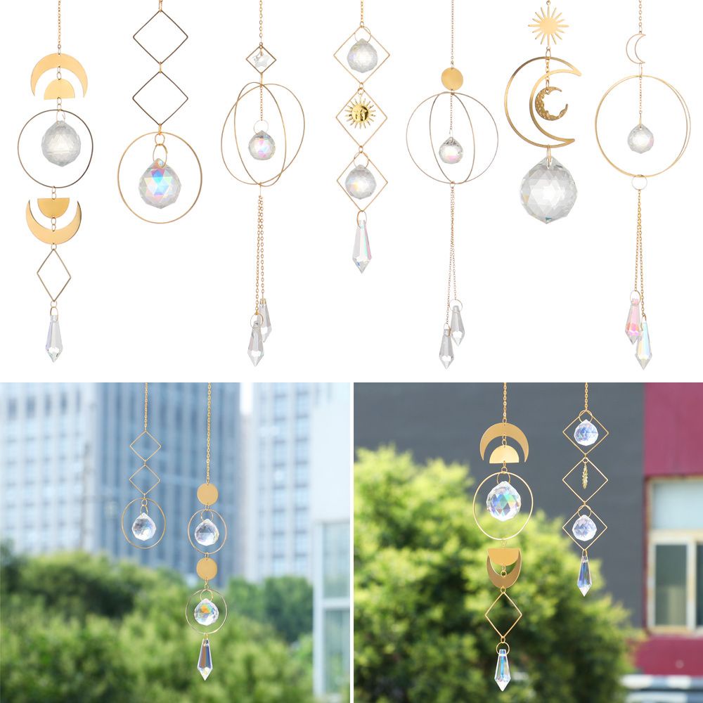 ROW Wind Chime Crystal Suncatcher Car Decor Window Sun Catcher Moon Ring Office Garden Chakra Pendant Patio Home Hanging Prism Ornament