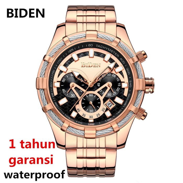 Jam Tangan Pria BIDEN YN0117 ALL CHRONO ON Rantai Stainless Steel Gold ORIGINAL ANTI AIR