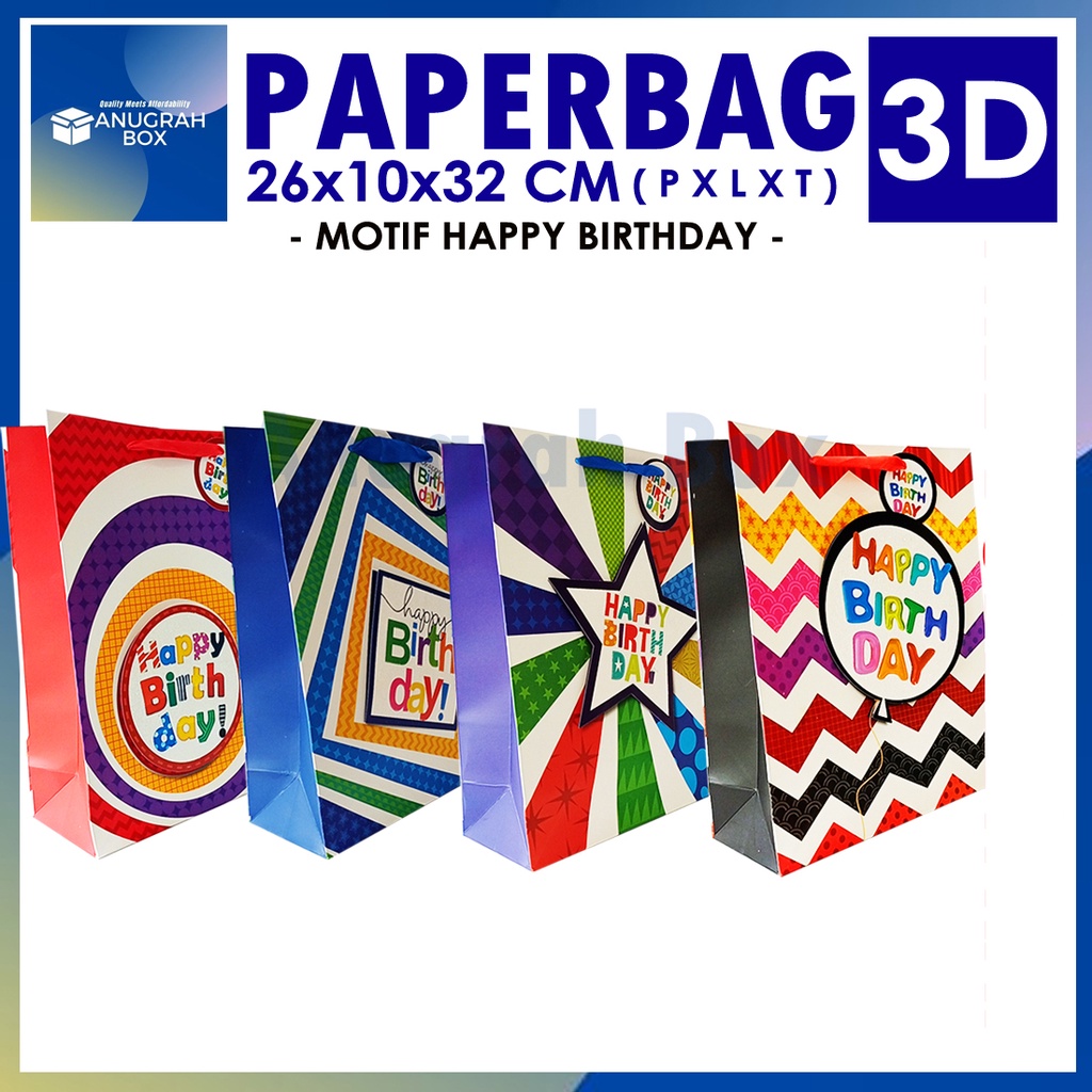 

Paperbag Kantong kertas 3D Aneka motif BIRTHDAY 26x10x32cm TEBAL IMPORT untuk kado