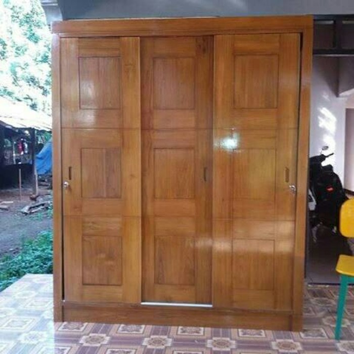 Lemari Pakaian Minimalis 3 Pintu Sliding Kayu Jati 