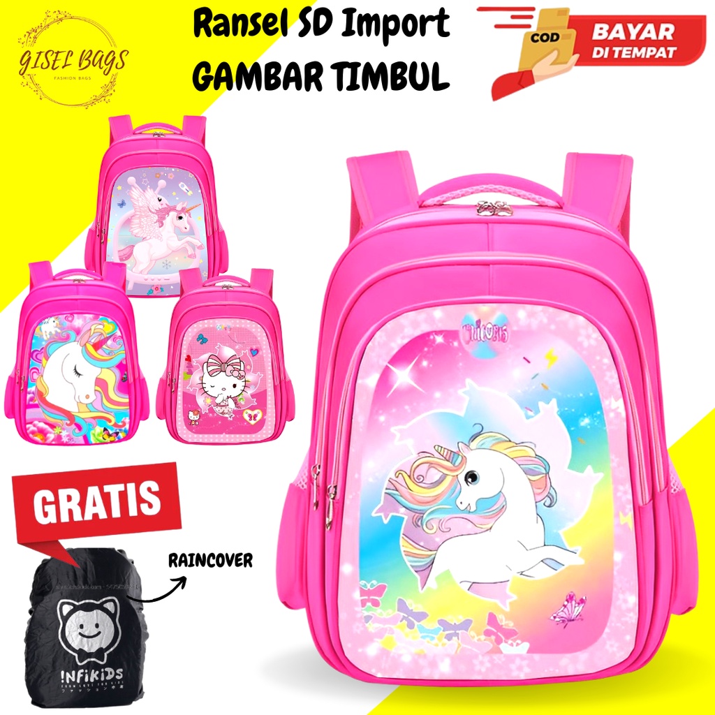 GB Tas anak peremuan sd ransel anak import gambar timbul gratis raincover bahan nilon bisa bayar di tempat cod