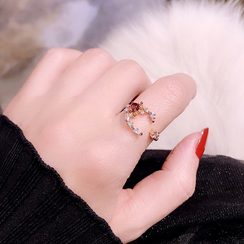 Cincin Jari Telunjuk Model Terbuka Lapisan Ganda Desain Hati Bahan Zirkon Dapat Disesuaikan Untuk Wanita