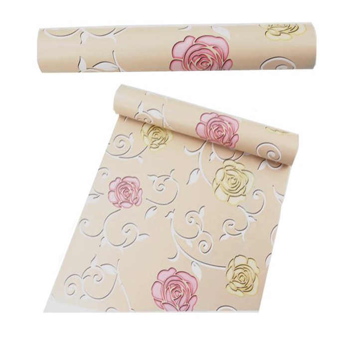GH116 Wallpaper Wall Stiker Dinding Motif Bunga Mawar Kuning Orange Dan Pink Ukuran 10m x 45cm