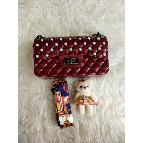 Tas Jelly Glossy Buble 22Cm Free Boneka Dan Syal