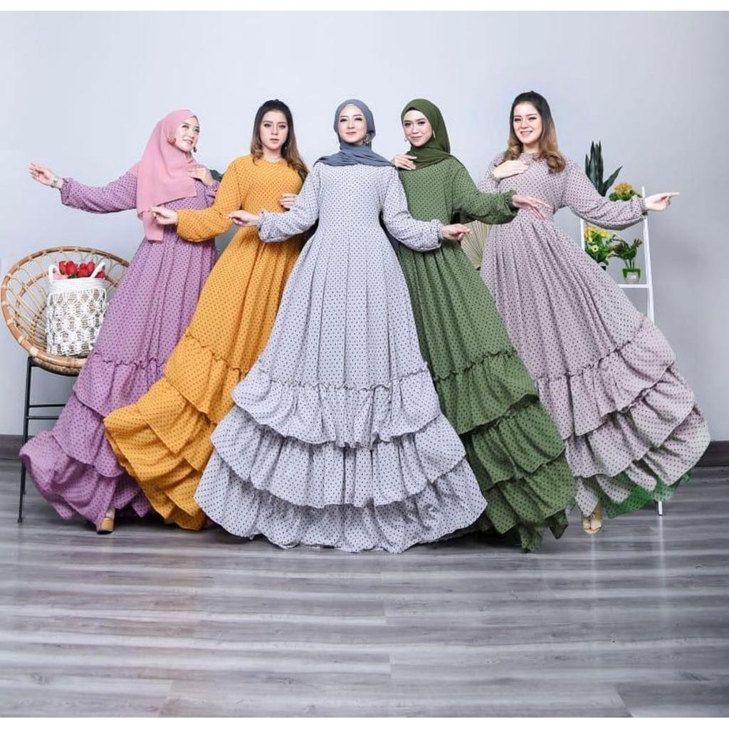 Gamis Ceruty Babydoll Andara Maxy Polcadot Full Furing