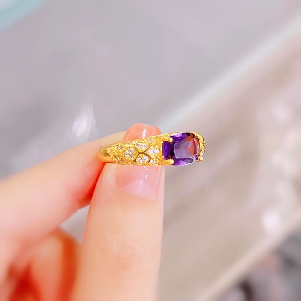 Goldkingdom Perhiasan Fashion Emas Asli Kadar 375 Bangkok Aksesoris Ready Stock Bertatahkan Uruguayan Amethyst Cincin Berlapis Emas Adjustable Wanita Cincin