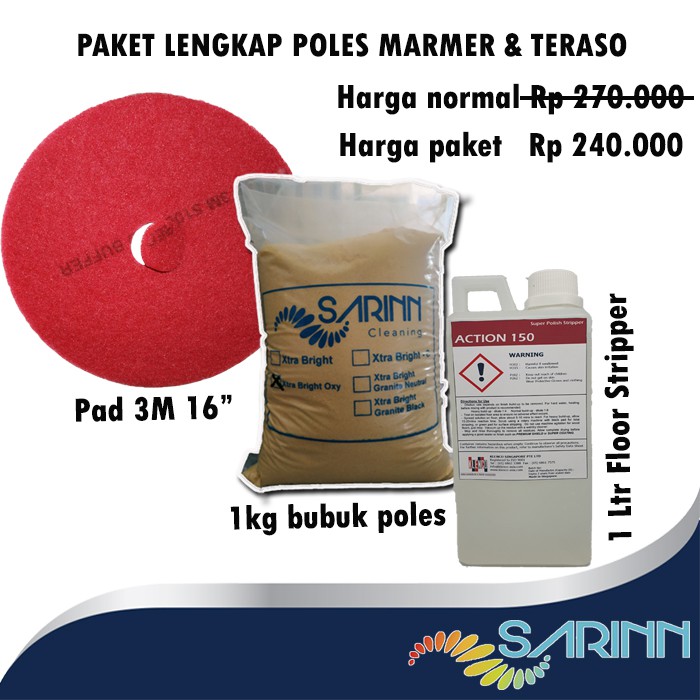 Poles Marmer Teraso Paket Lengkap Bubuk poles Pad Merah 3M Floor Stripper Pembersih Lantai