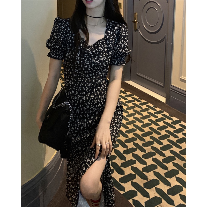 Mini Dress Bahasa Perancis Leher Persegi Floral Gaun Wanita Hitam Pinggang Celah Rok Panjang Perteng