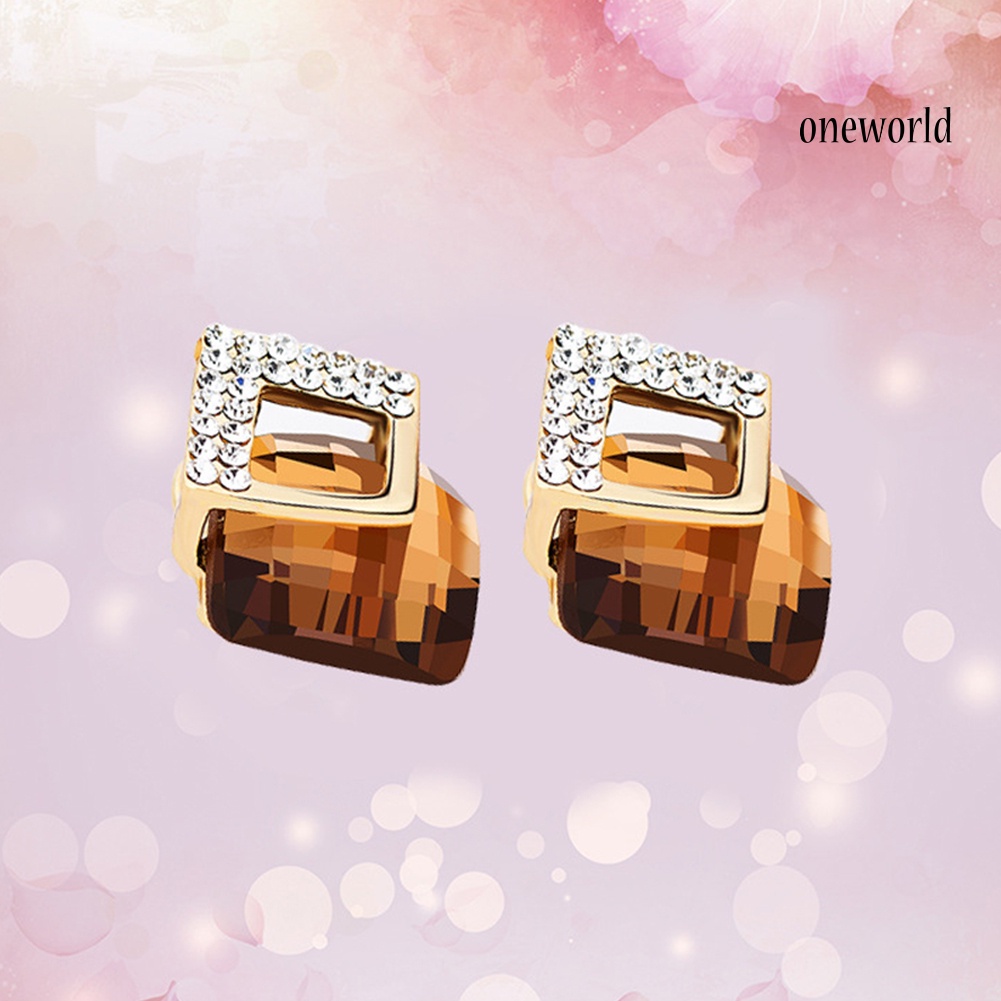 OW@ Concise Rhinestone Inlaid Square Stud Earrings Women Banquet Party Jewelry Gift