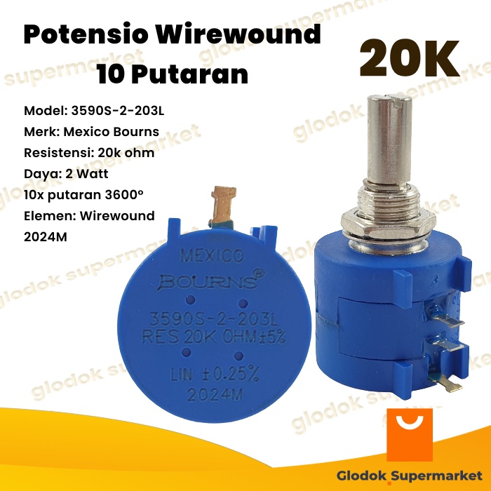 Potensio Wirewound 10 Putaran 20k Bourns Multiturn Presisi