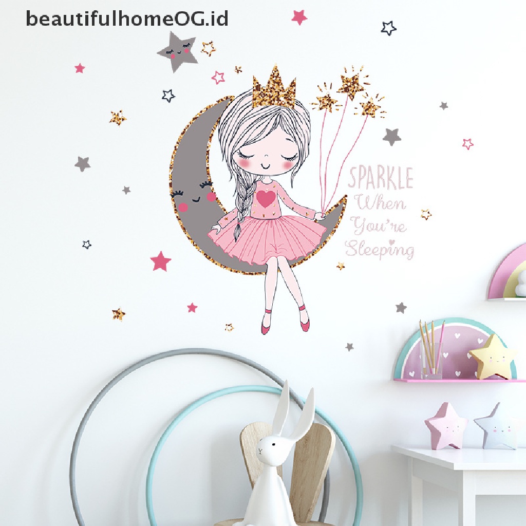 Stiker Dinding Desain Kartun Princess on the moon Untuk Dekorasi Kamar Anak Perempuan