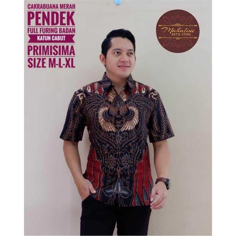 Kemeja batik pria terbaru/batik lengan pendek warna merah/baju batik pria warna merah cakrabuana