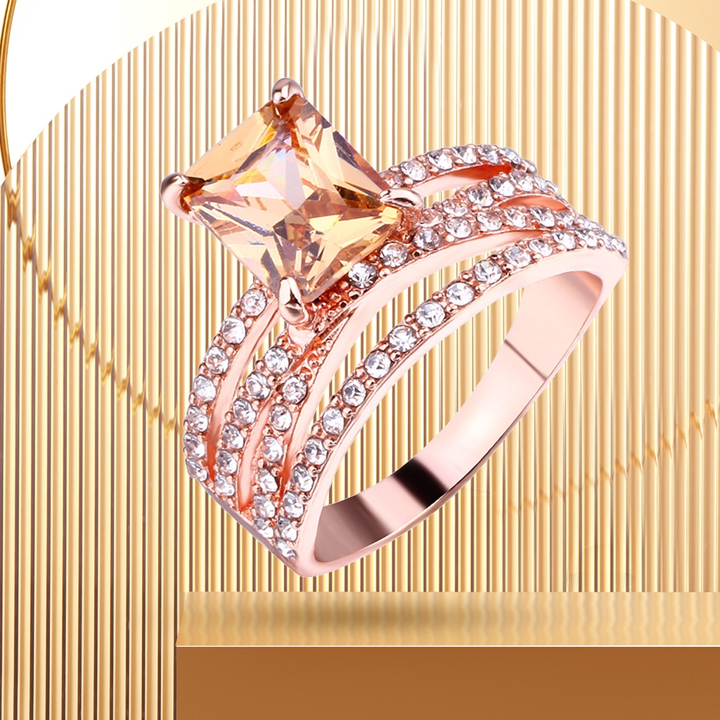 Hu Hu Hu Hu Hu Alat Bantu Pasang Kacamata♡ Cincin Jari Elektroplating Multilayer Bentuk Persegi Aksen Berlian Imitasi Untuk Pernikahan