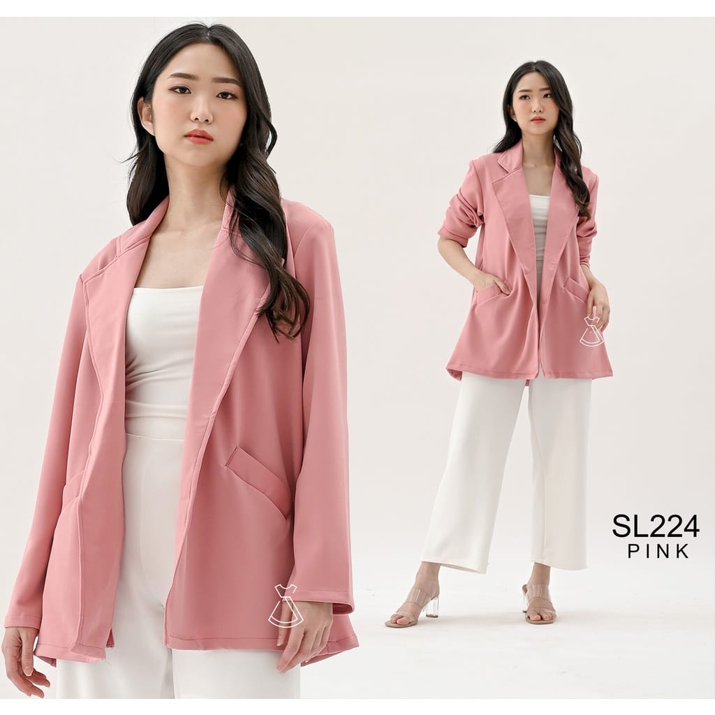 Blazer Kasual Lengan Panjang Model Longgar Warna Solid Gaya Korea Bahan Scubba