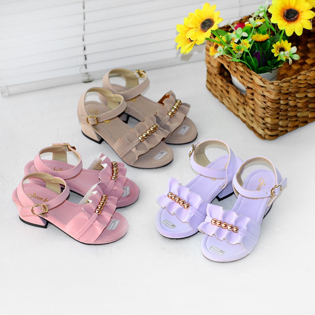 Sandal Hak Pesta Anak Perempuan  Tali Belakang Tinggi 3 Cm Sol Non-Slip Empuk Anti Lecet Motif Mutiara Kerut JLS1