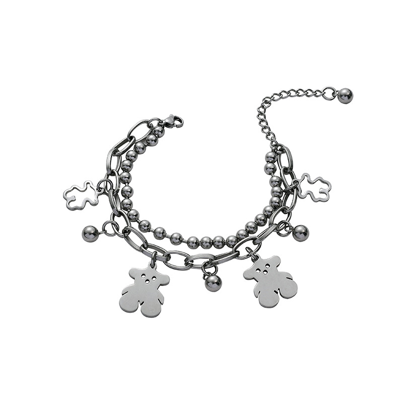 Korean Fashion Multilayer Little Bear Round Bead Silver Bracelet Cute Creative Couple Bracelets Jewelry Accessories