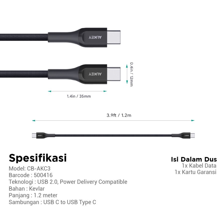 Kabel Data Charger Kevlar Aukey 1,2M USB-C to C CB-AKC3