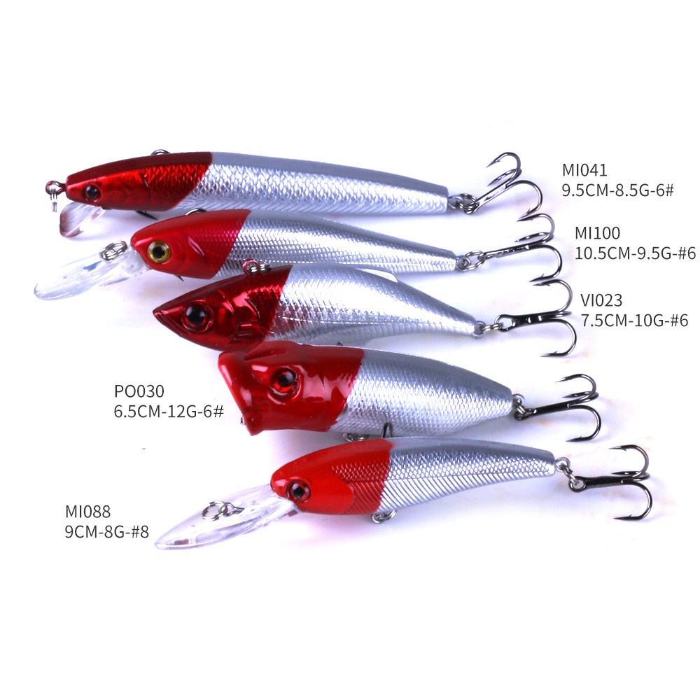 Hengjia 5pcs Umpan Pancing Ikan Minnow Popper Vib Kepala Merah Bahan Plastik