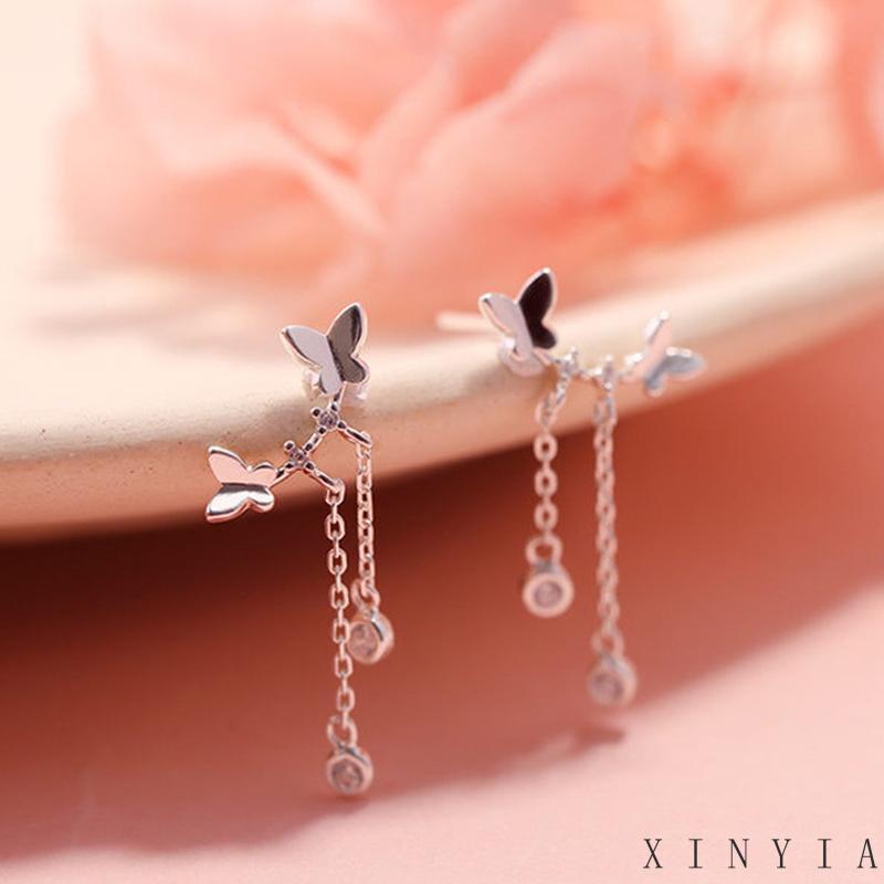 【Bayar di tempat】Anting Gantung Silver Bentuk Kupu-kupu untuk Wanita Earrings Kupu-kupu Rumbai Panjang Kawat Telinga Perhiasan Earring Women Jewelry