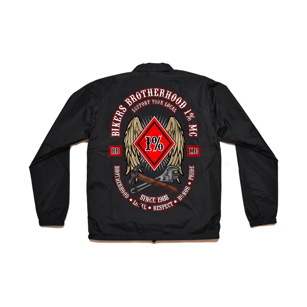 COACH JACKET ATAU WIND BREAKER BIKERS BROTHERHOOD 1% MC INDONESIA ORIGINAL FREE STICKER HITAM