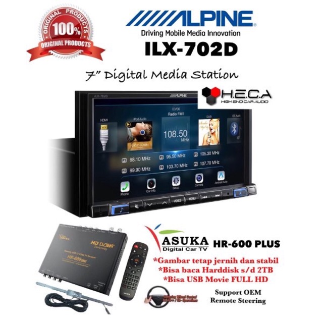 Alpine ILX-702D Head Unit 7 inch Hi-Res Double Din Tape Mobil & TV Tuner Digital ASUKA HR-600 PLUS