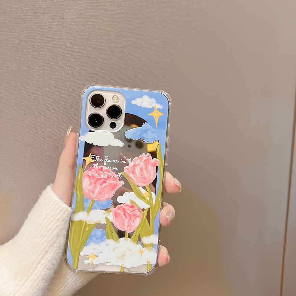 IPHONE Ins Phone Cover Blooming Tulip Mirror Case Untuk Iphone7 8 PLUS X XR XS 11 12 13 14 MINI PRO MAX SE 2020 Pelindung Tahan Guncangan