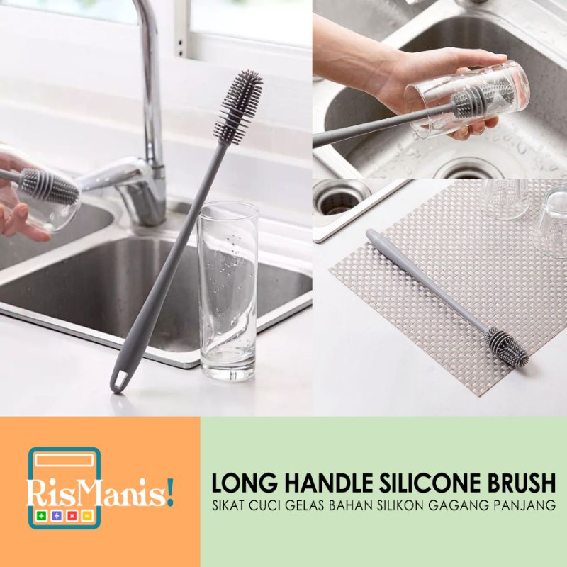 LONG HANDLE SILICONE BRUSH Sikat Dapur Karet Silikon Cuci Botol Gelas Termos Gagang Pegangan Panjang