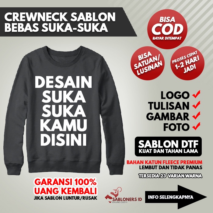Baju Sweater Crewneck Sablon Custom Desain Sendiri Pria Wanita Sweatshirt Hoodie Sablon Plastisol DT