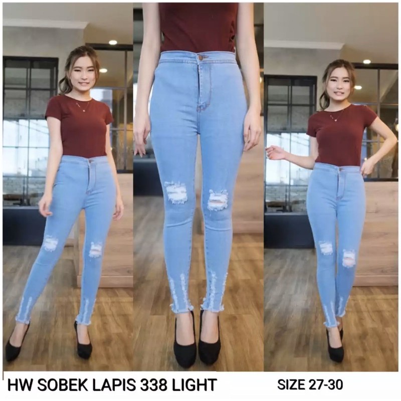 Hw jeans ripped wanita terbaru // Celana Highwaist sobek lutut wanita // Celana Highwaist HW jeans Atas pinggang sobek lutut ripped bahan tebal melar