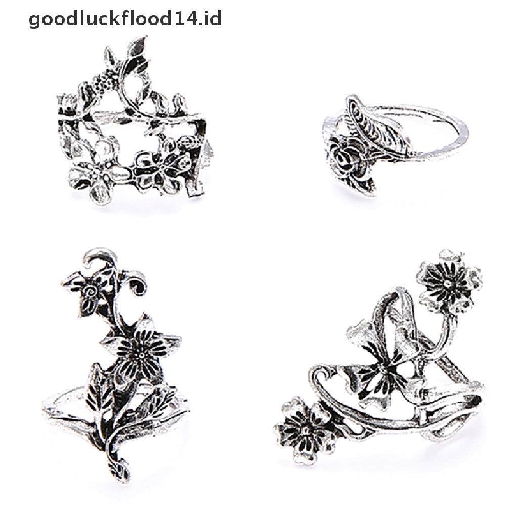 [OOID] 4pcs/set Antique Silver Color Vintage Bohemia Ring Set Rose Flower Rings ID