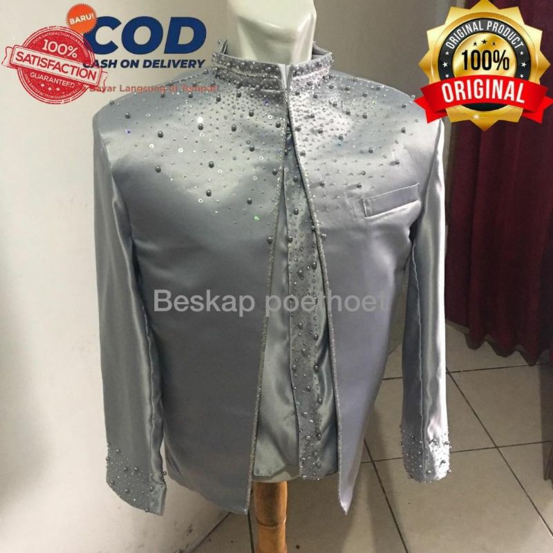 Jas pengantin pria formal silver / basofi sunda modern muslim abu-abu / baju mc cowok set celana