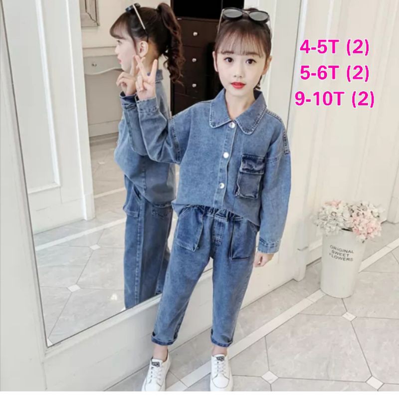 Setelan import anak cewek junior kemeja jeans