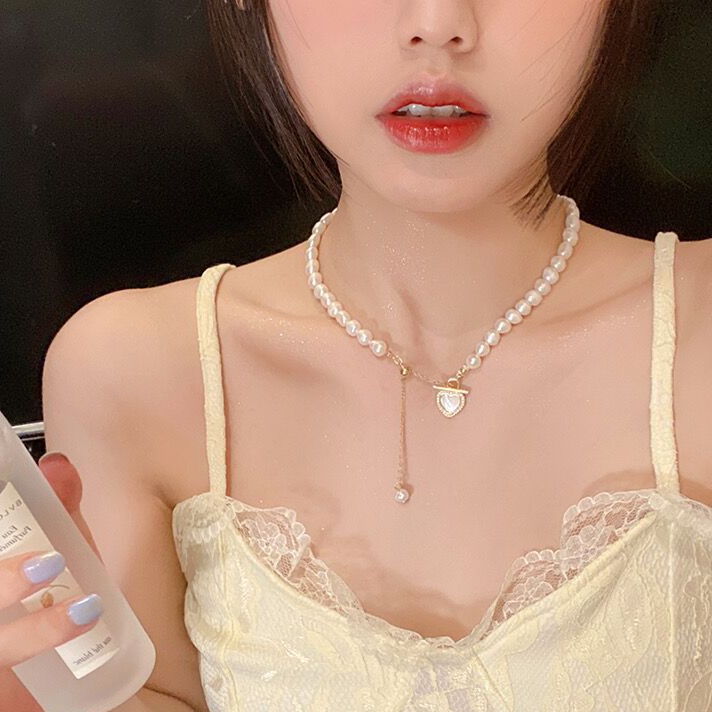 Kalung Choker Rantai Liontin Hati Mutiara Warna Emas Untuk Wanita